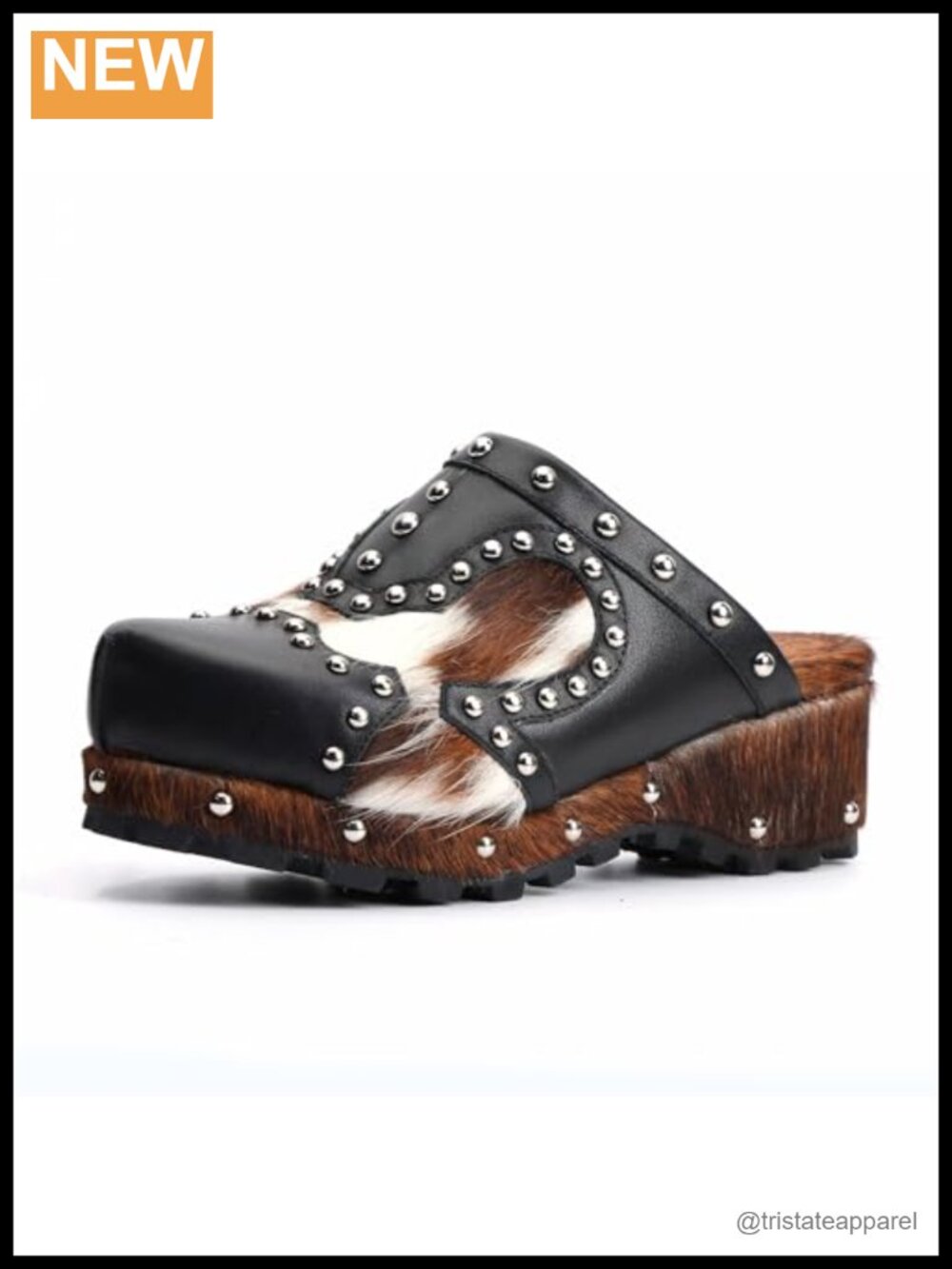 Platform Clogs for Women Calf Hair Leather Patchwork Arch Support Slip-On Mules